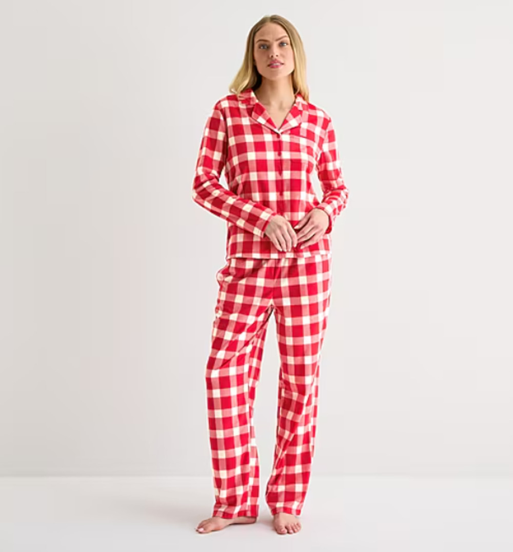 Adonna Women XXL Pajamas Fleece Red Winter Check Long Sleeves Flannel 2-pc Set